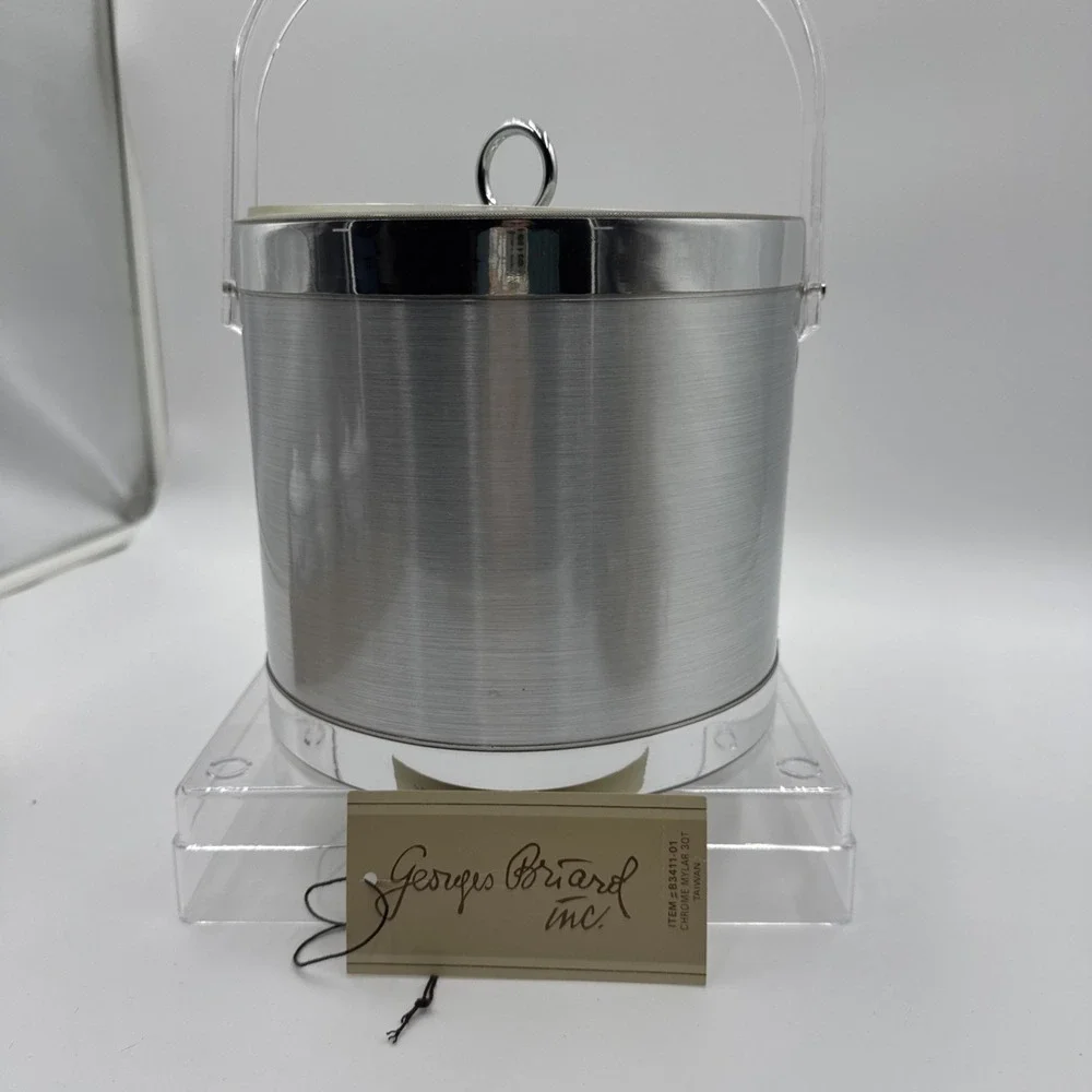 Georges Briard Vintage Ice Bucket Chrome With Clear Lucite Handle And Lid
